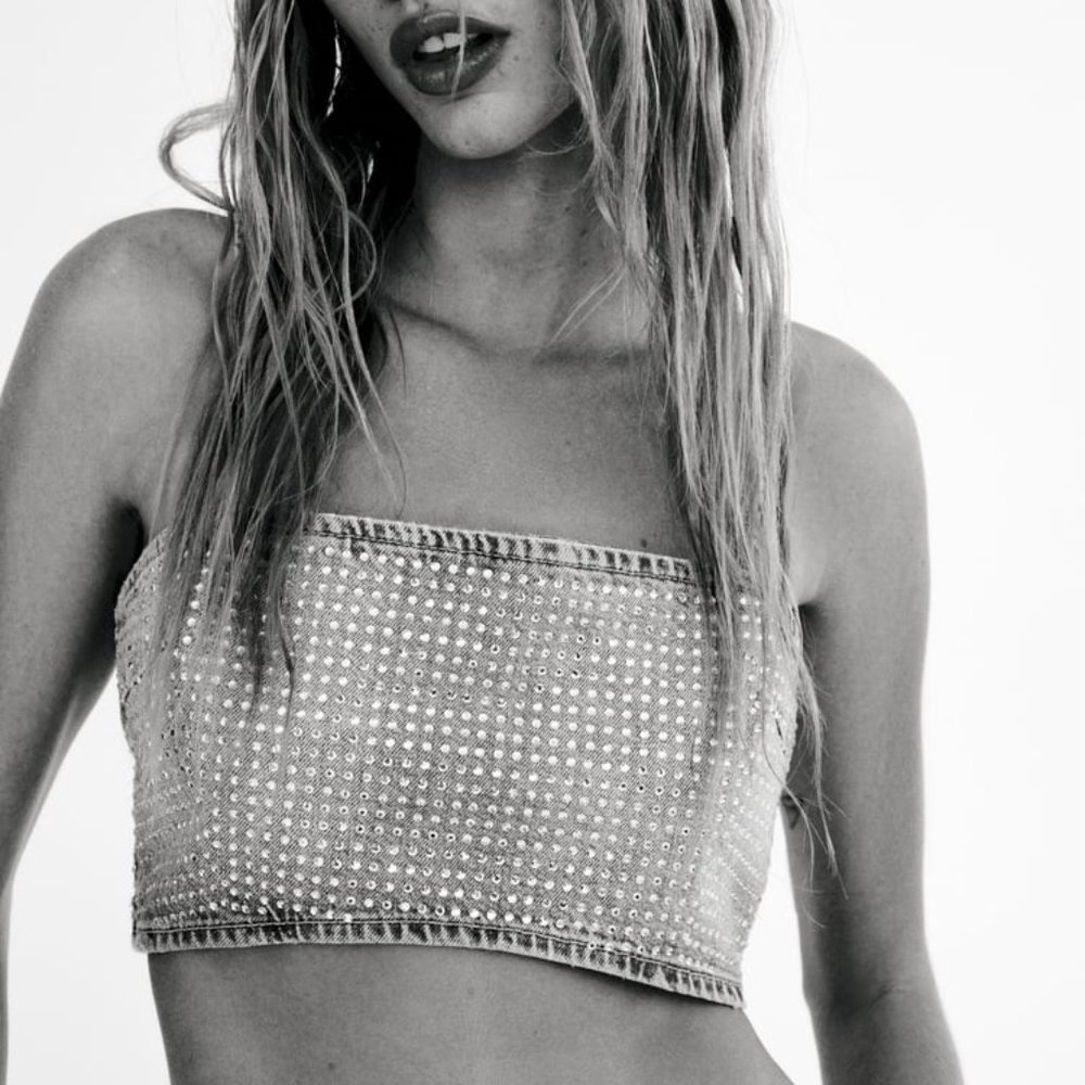 Nwt RHINESTONE TRF DENIM CROP TOP
